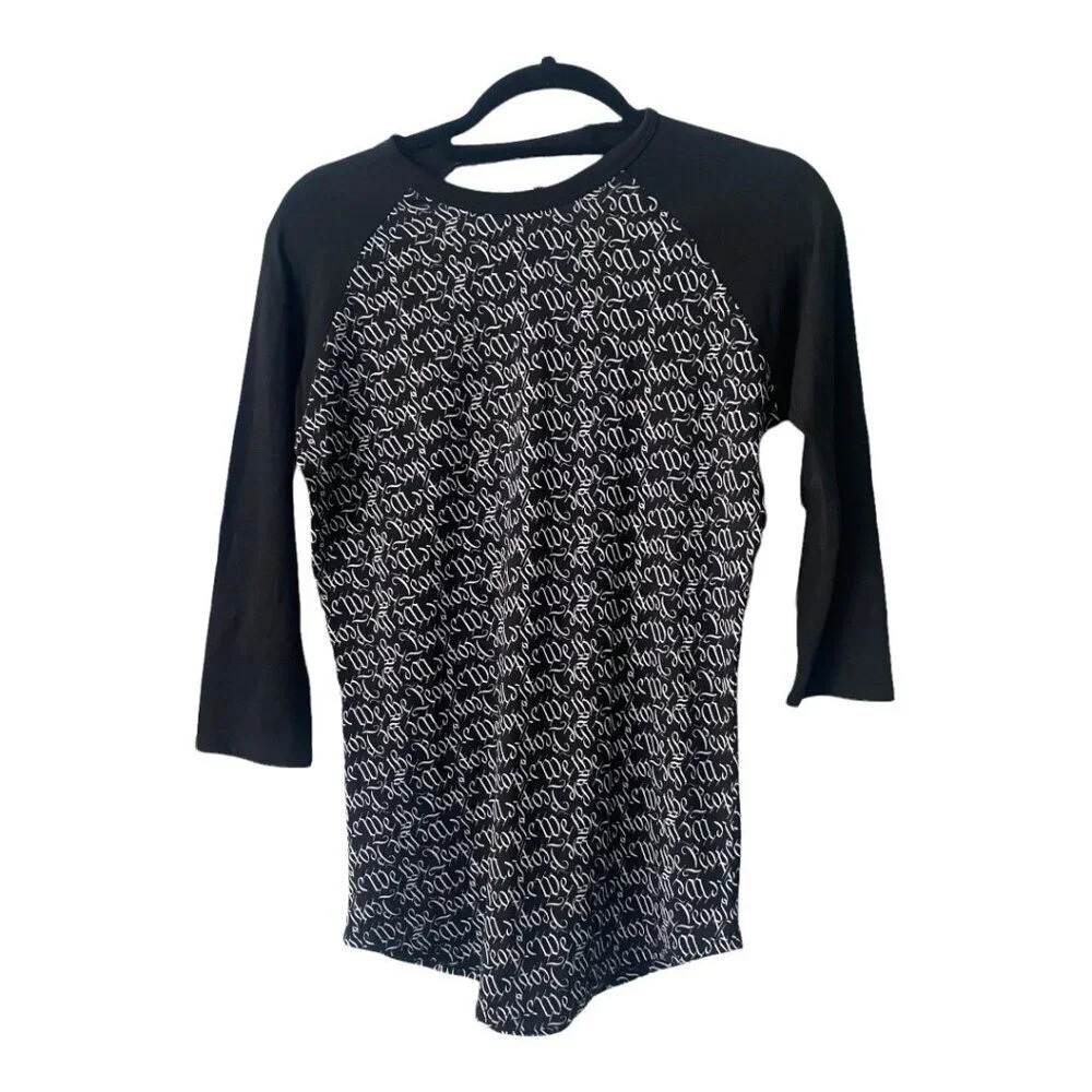 LuLaRoe Randy XXS Black & White Raglan Sleeve T-Shirt With Script Design